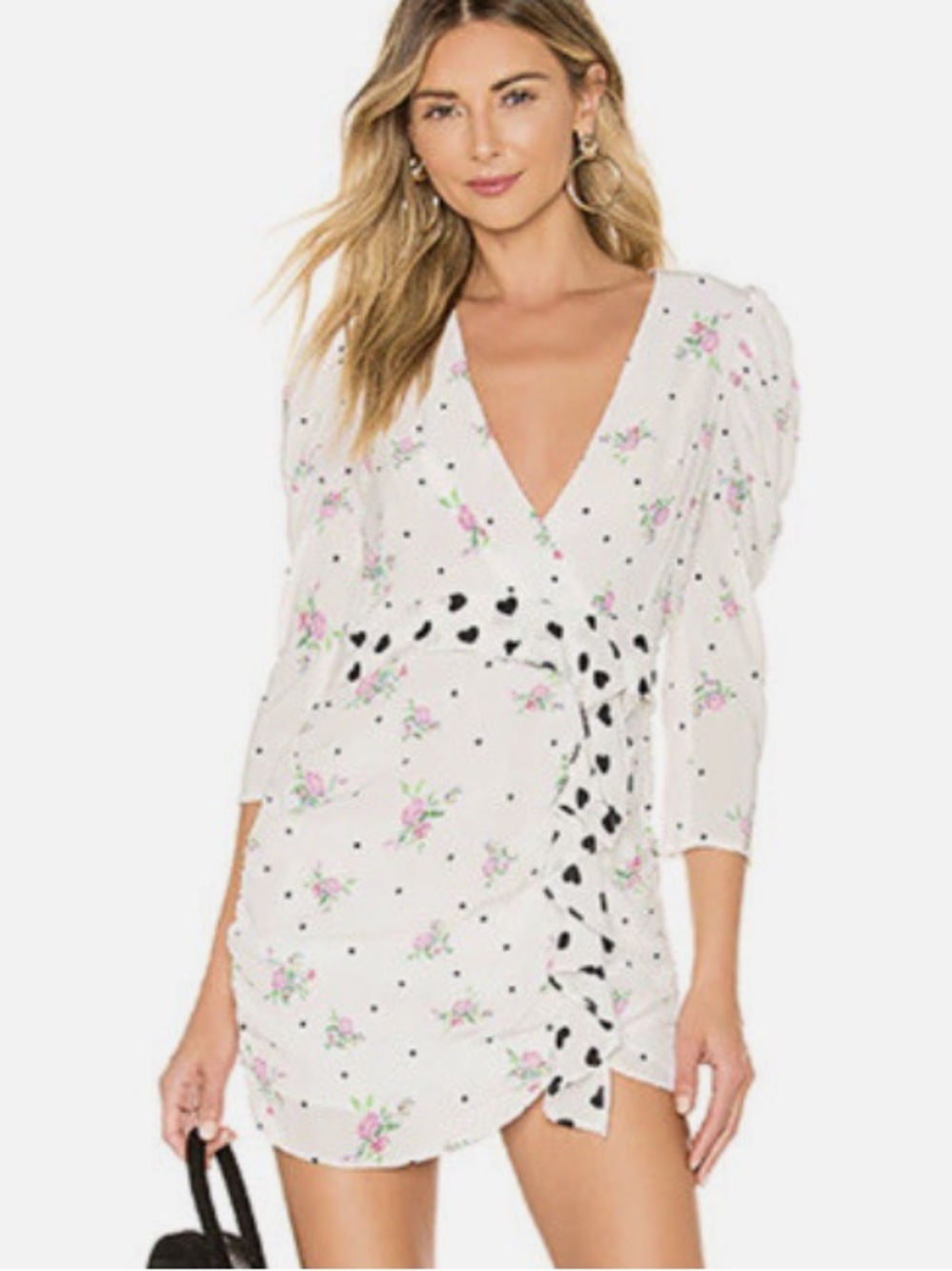 For Love & Lemons White Mini Dress Floral & Hearts Long Sleeve Puff Shoulder XS